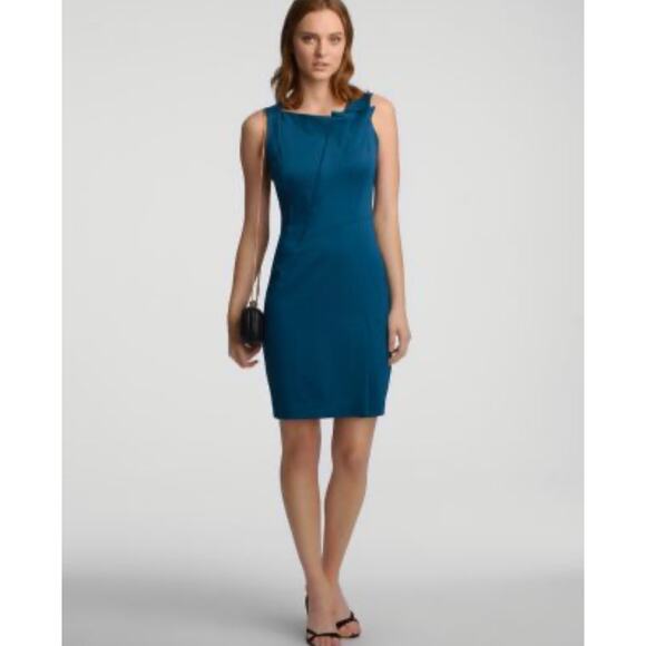 Halston Heritage Sleeveless Folded Neckline Teal Blue Lined Sheath Dress Size 2 - Picture 2 of 8